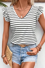 Cargar imagen en el visor de la galería, Pink Stripe Butterfly Sleeve V Neck Hollowed Knot Back T Shirt
