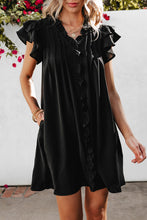 将图片加载到图库查看器，Black Ruffle Sleeve V Neck Frilled Shift Dress
