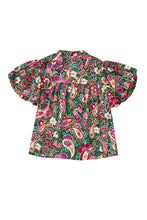 将图片加载到图库查看器，Green V Neck Short Bubble Sleeve Paisley Blouse
