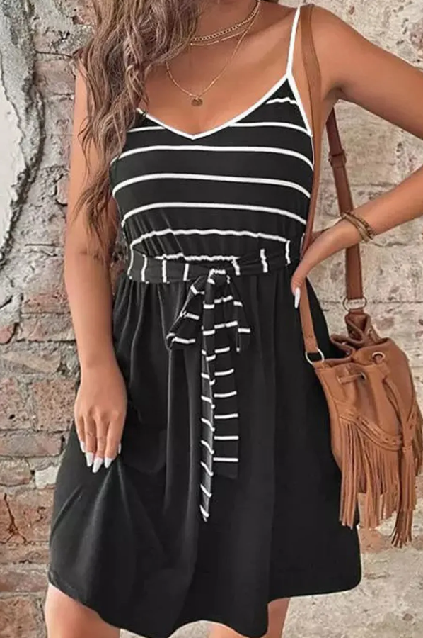 Black Spaghetti Straps Striped Cami Dress with Sash, 6 PACKS