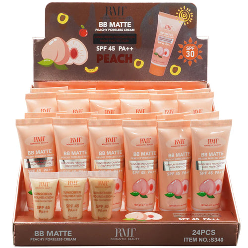 ROMANTIC BEAUTY's BB MATTE PEACHY PORELESS CREAM DISPLAY is a 24-piece set of bb cream that provides deep hydration with SPF 45 PA++ sunscreens. Perfectly balanced for your skin, the cream creates a natural and flawless complexion. the best price and deal w/ bonitawholesale.com