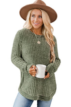 将图片加载到图库查看器，Green Long Sleeve Round Hem Cable Knit Sweater
