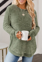 将图片加载到图库查看器，Green Long Sleeve Round Hem Cable Knit Sweater
