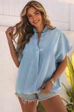 Load image into Gallery viewer, Sky Blue Split V Neck Oversized Denim Blouse
