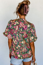 将图片加载到图库查看器，Green V Neck Short Bubble Sleeve Paisley Blouse
