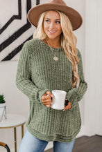 将图片加载到图库查看器，Green Long Sleeve Round Hem Cable Knit Sweater
