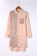 将图片加载到图库查看器，Khaki Sequin Splicing Pocket Buttoned Shirt Dress
