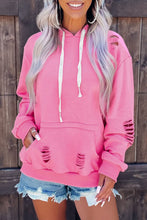 Load image into Gallery viewer, Pink Solid Ripped Hooded Sweatshirt with Kangaroo Pocket
