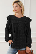 将图片加载到图库查看器，Black Lace Eyelet Ruffle Shoulder Long Sleeve Blouse
