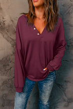 Load image into Gallery viewer, Wine Buttoned V Neck Cotton Loose Fit Top
