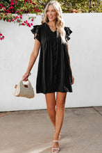 将图片加载到图库查看器，Black Ruffle Sleeve V Neck Frilled Shift Dress
