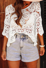 将图片加载到图库查看器，Oatmeal Bohemian Macrame Lace Crochet Half Sleeve Blouse
