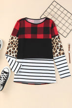 Load image into Gallery viewer, Plaid Print Leopard Splicing Striped Color Block Long Sleeve Top
