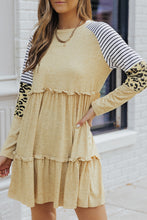 将图片加载到图库查看器，Khaki Striped Leopard Patchwork Long Sleeve Mini Dress
