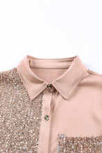 将图片加载到图库查看器，Khaki Sequin Splicing Pocket Buttoned Shirt Dress
