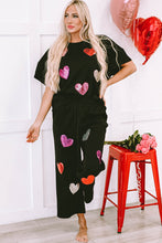 将图片加载到图库查看器，Black Sequin Heart Popping Graphic Textured 2pcs Outfit
