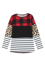 将图片加载到图库查看器，Plaid Print Leopard Splicing Striped Color Block Long Sleeve Top
