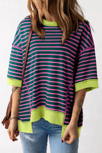 将图片加载到图库查看器，Green Stripe Oversized Contrast Trim Exposed Seam High Low T Shirt
