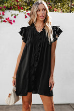 将图片加载到图库查看器，Black Ruffle Sleeve V Neck Frilled Shift Dress
