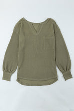 将图片加载到图库查看器，Green Waffle Knit Split Neck Pocketed Loose Top
