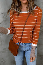 将图片加载到图库查看器，Brown Extend Color Block Cuffs Rib Knit Striped Pullover
