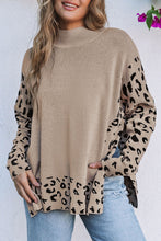 将图片加载到图库查看器，Khaki Leopard High Neck Side Slit Oversized Sweater
