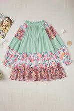 将图片加载到图库查看器，Green Printed Floral Patchwork Frilled Split Neck Blouse
