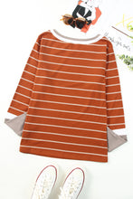 将图片加载到图库查看器，Brown Extend Color Block Cuffs Rib Knit Striped Pullover
