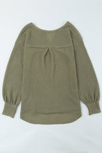 将图片加载到图库查看器，Green Waffle Knit Split Neck Pocketed Loose Top
