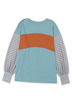 将图片加载到图库查看器，Green Colorblock Striped Bishop Sleeve Top
