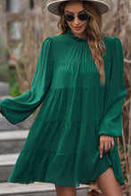 将图片加载到图库查看器，Green Puff Sleeve Mock Neck Back Knot Tiered Dress
