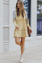 将图片加载到图库查看器，Khaki Striped Leopard Patchwork Long Sleeve Mini Dress
