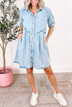 Load image into Gallery viewer, Medium Grey Mineral Wash Ruffled Short Sleeve Buttoned Denim Dress
