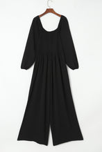 将图片加载到图库查看器，Black Smocked Square Neck Long Sleeve Wide Leg Jumpsuit
