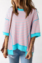 Cargar imagen en el visor de la galería, Sky Blue Stripe Oversized Contrast Trim Exposed Seam High Low T Shirt
