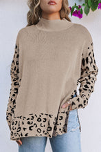 将图片加载到图库查看器，Khaki Leopard High Neck Side Slit Oversized Sweater
