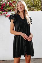 将图片加载到图库查看器，Black Ruffle Sleeve V Neck Frilled Shift Dress
