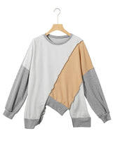 将图片加载到图库查看器，Light French Beige Colorblock Stitching Irregular Hem Long Sleeve Top
