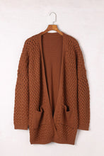 将图片加载到图库查看器，Brown Open Front Woven Texture Knitted Cardigan with Pockets
