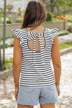 将图片加载到图库查看器，Pink Stripe Butterfly Sleeve V Neck Hollowed Knot Back T Shirt
