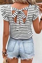 Load image into Gallery viewer, Pink Stripe Butterfly Sleeve V Neck Hollowed Knot Back T Shirt
