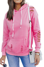 Load image into Gallery viewer, Pink Solid Ripped Hooded Sweatshirt with Kangaroo Pocket
