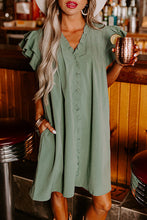 Load image into Gallery viewer, Mist Green Ruffle Sleeve V Neck Frilled Shift Dress
