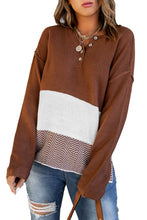 将图片加载到图库查看器，Brown Splicing Buttoned Knitted Long Sleeve Sweater
