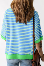 Cargar imagen en el visor de la galería, Sky Blue Stripe Oversized Contrast Trim Exposed Seam High Low T Shirt
