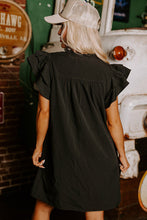 将图片加载到图库查看器，Black Ruffle Sleeve V Neck Frilled Shift Dress
