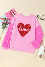 将图片加载到图库查看器，Pink Shiny Heart Shape love Print Sequined Sleeve Sweatshirt
