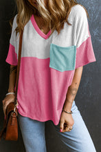 Load image into Gallery viewer, Rose Red Color Block Patch Pocket Corded V Neck Tee
