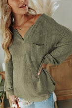 将图片加载到图库查看器，Green Waffle Knit Split Neck Pocketed Loose Top
