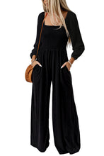 将图片加载到图库查看器，Black Smocked Square Neck Long Sleeve Wide Leg Jumpsuit
